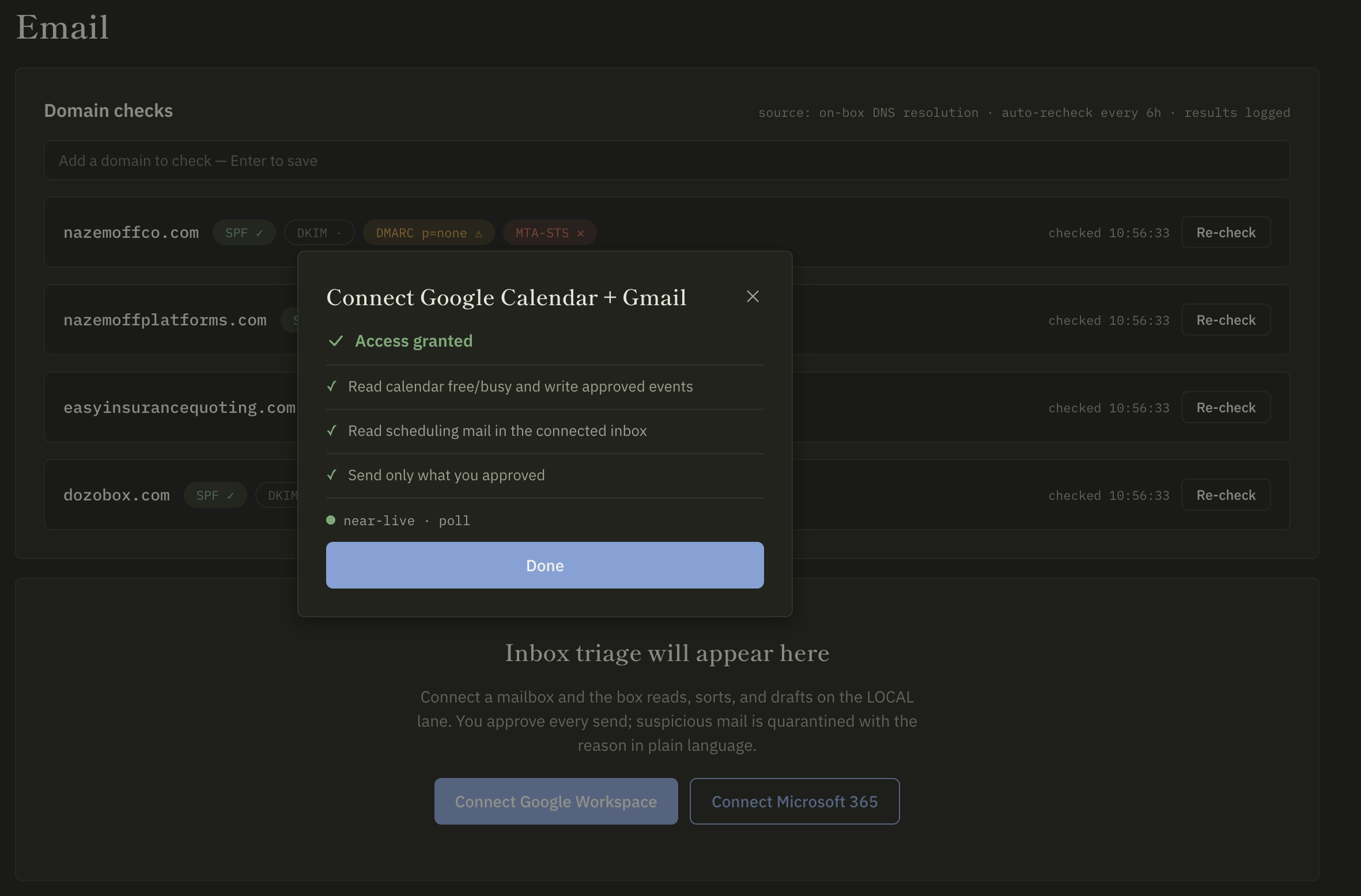 The Dozō console Email screen — on-box domain checks and inbox triage, with connect buttons for Google Workspace and Microsoft 365.