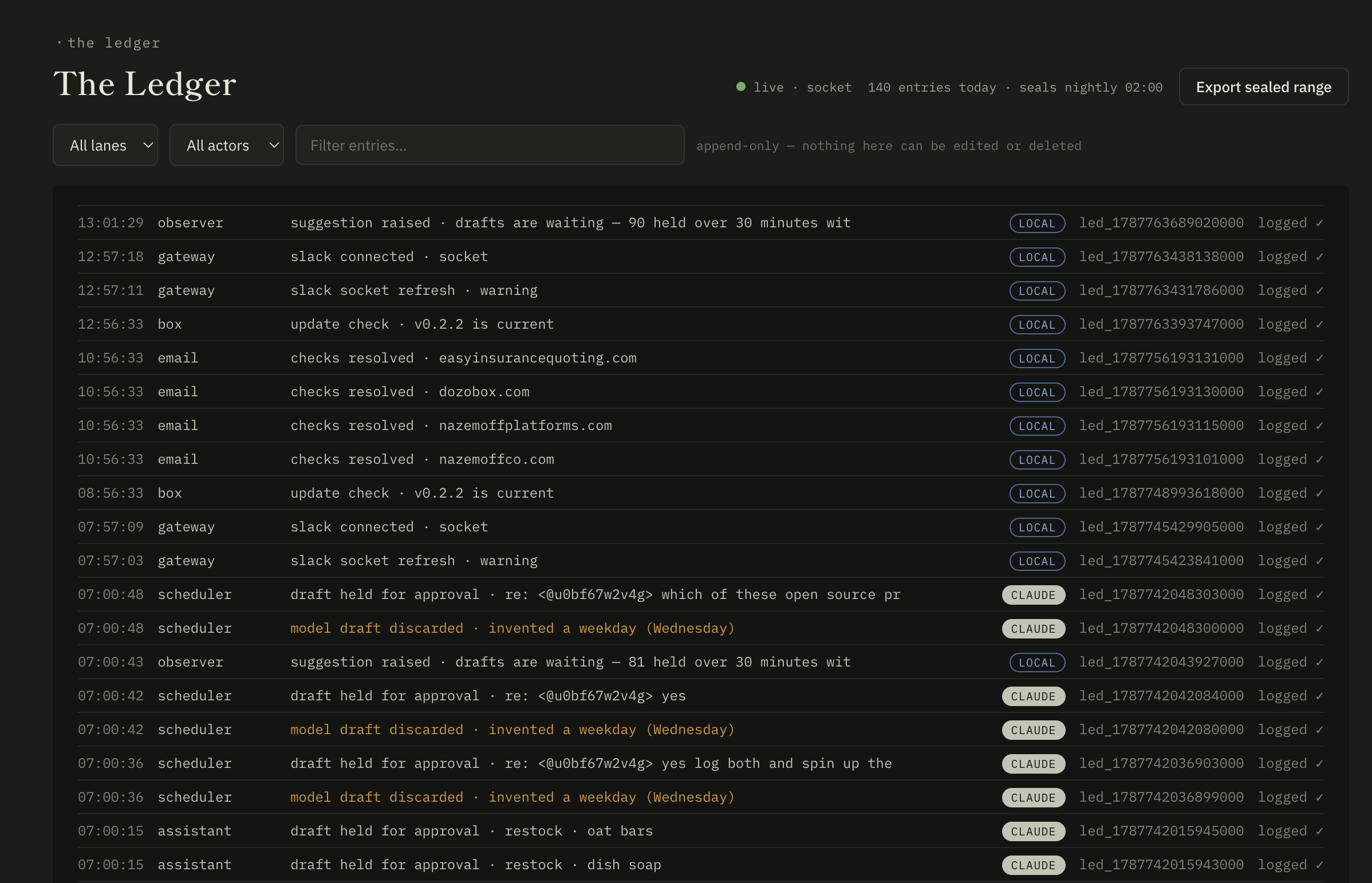 The Dozō console Ledger — an append-only list of timestamped, on-box log lines, one per action.